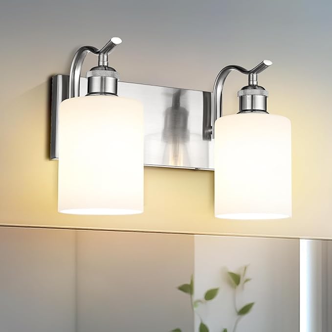 Milk Glass Bathroom Light, 2-Light Vanity Light Fixture, Brushed Nickel Wall Sconce, VL01BNW-2