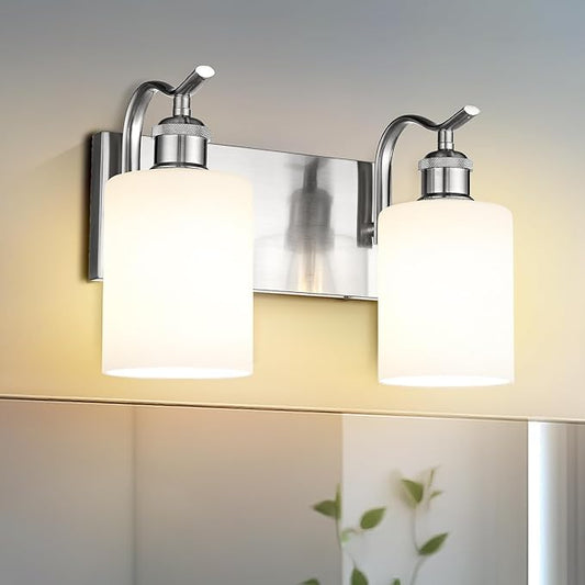 Milk Glass Bathroom Light, 2-Light Vanity Light Fixture, Brushed Nickel Wall Sconce, VL01BNW-2
