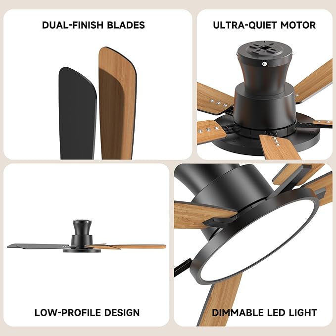 Ceiling Fans with Lights,52 inch,Quiet,Reversible Motor,Dimmable, Adjustable Color Temperature,6 Speeds,Timer, Low Profile Ceiling Fan for Bedroom,Living Room,Indoor/Outdoor Use (Black)