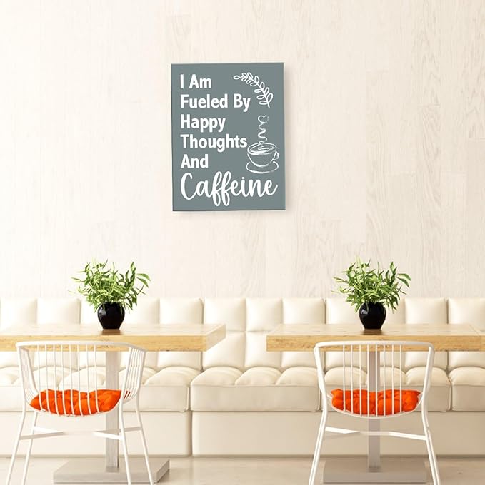 Funny Wall Art For Office,I Am Fueled By Happy Thoughts And Caffeine Canvas Paintings Framed For Home Office Workplace Wall Art Decor