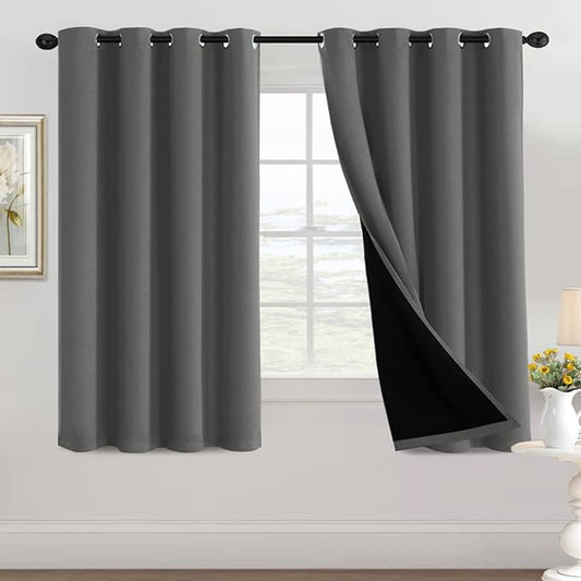 100% Blackout Curtains Thermal Insulated Full Blackout Curtains for Living Room Energy Efficiency Window Drapes for Bedroom with Black Liners (1 Panel, 52x63 inch, Grey)