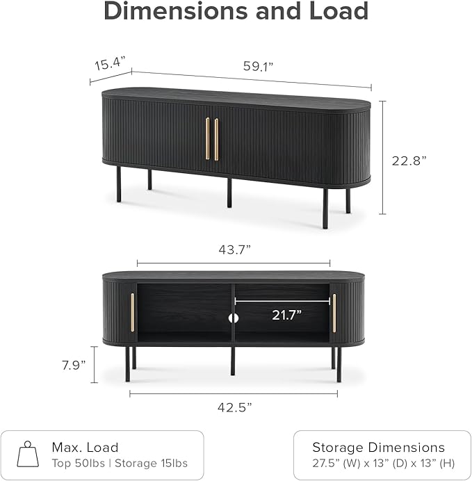 mopio Quin 59" Tambour TV Stand, Mid-Century Modern Television Stand for 55/60/65 inch TV, Fluted Entertainment Center with Bigger Storage, Wood Media Console Credenza Cabinet for Living Room (Black)