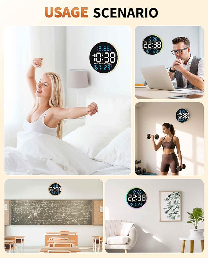 10 Inch Large Digital Wall Clock with 9 Color Changing Remote Control, Date Week Temperature, Auto Brightness Dimmer Big Clock with Night Lights,Blue