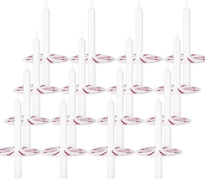 100 Church Candles with Drip Protectors for Devotional Candlelight Vigil Service, Box of 100 Candles, Unscented White 5" H X 1/2" D, No Smoke