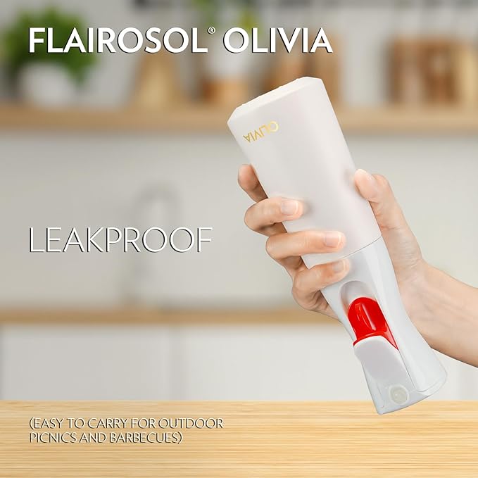 FLAIROSOL OLIVIA Oil Sprayer for Cooking, 200ml Glass Olive Oil Sprayer, Continuous Cooking Spray with Portion Control, Oil Dispenser for Kitchen, Air Fryer, Salad, BBQ (White Bottle, Gold Print)