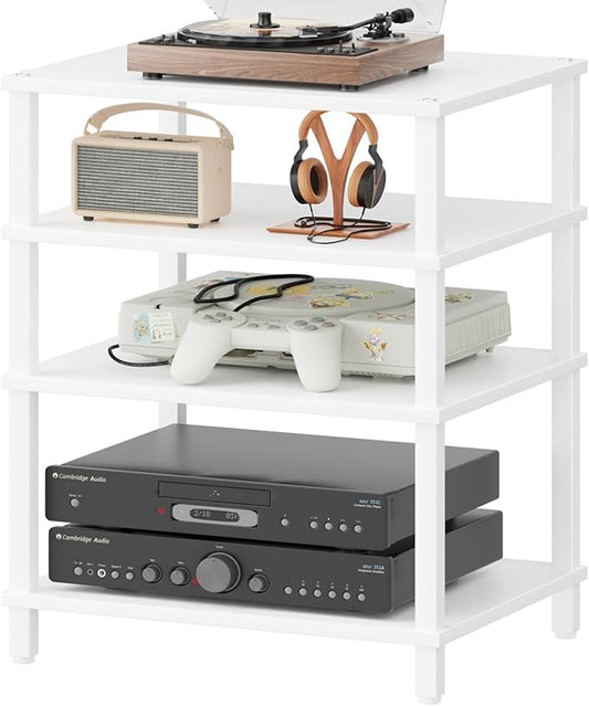 LELELINKY 4-Tier AV Media Player Stand, Stereo Stand, Modern Audio Shelf,Wooden TV Stand,Multifunctional Media Console Shelf, Suitable for Home, Conference Room, White
