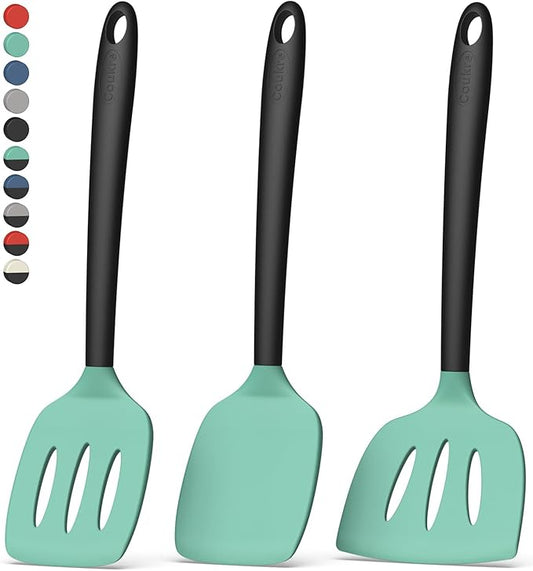 Coukre 3 Pack Silicone Spatula Set, High Heat Resistant, BPA-Free, Fish Spatula, Solid & Slotted Turner for Non-Stick Pans, Flipping Eggs, Pancakes, Fish, Burgers (3, AquaGreenBlack)