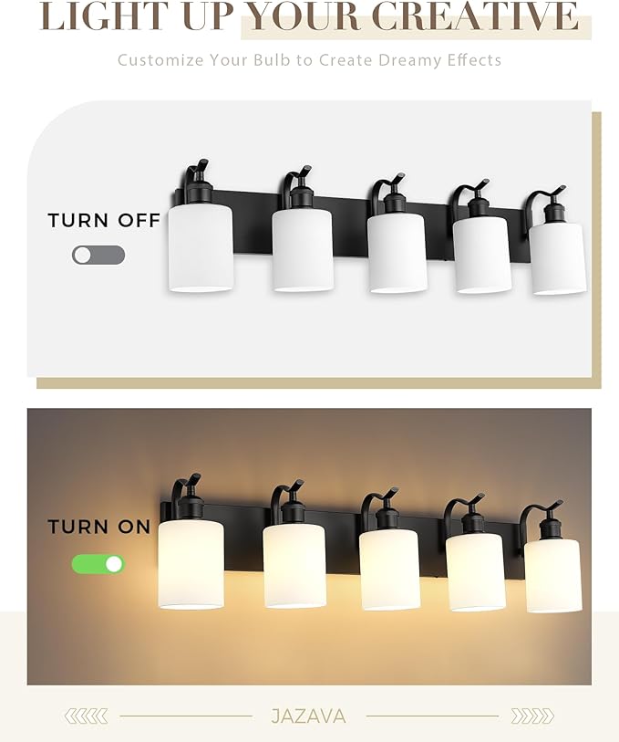 5 Light Bathroom Vanity Light, Morden Black Vanity Light Bathroom Lighting Fixtures Over Mirror Black Wall Sconces with Milky White Frosted Shade ZCVL01BKW-5