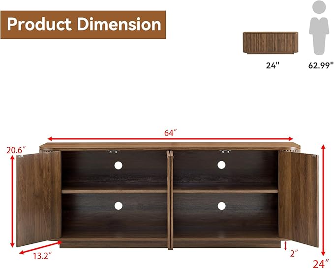 64" Buffet Sideboard Cabinet with Storage, Modern Fluted Accent Credenza with Adjustable Shelves, Wood Coffee Bar Console Table for Living Room Kitchen Dining Room Hallway, 24" H, Walnut