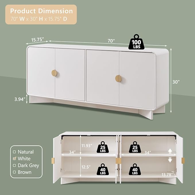 Modern Buffet Cabinet with Storage, 70" Large Sideboard Buffet Storage Cabinet with 4 Doors and Adjustable Shleves, Wooden Curved Coffee Bar for Dining Room, Kitchen, Living Room, White