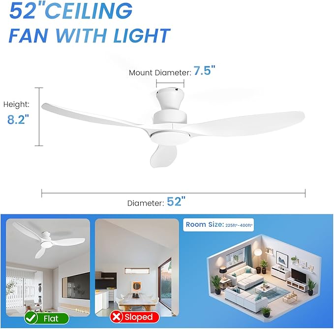52" White Ceiling Fan with Light and Remote, Flush Mount Low Profile Ceiling Fans, Ceiling Fan with Dimmable LED Lights, 6 Speed, Silent Reversible DC Motor,White Fan for Bedroom/Living Room/Patios