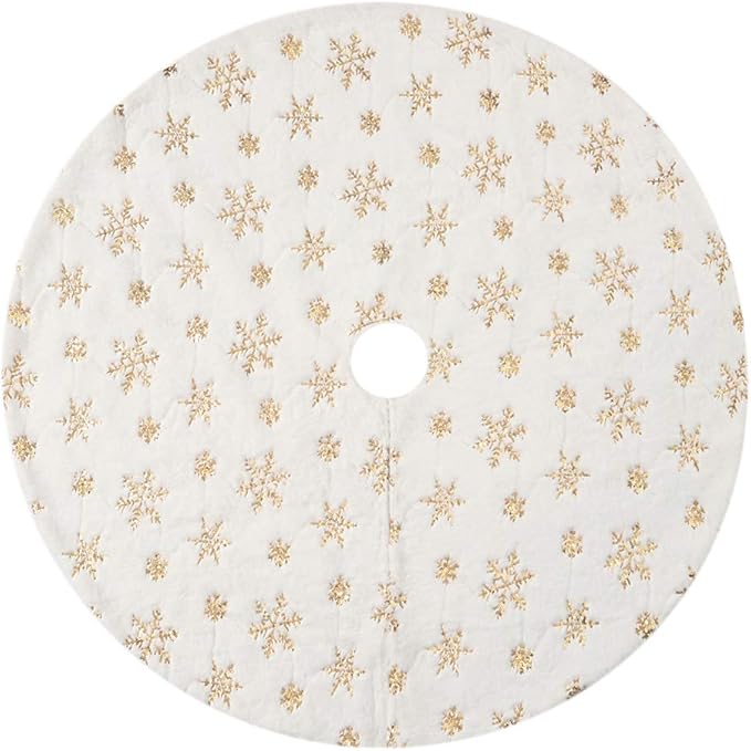 Sattiyrch Christmas Sequin Tree Skirt 36in,White Soft Thick with Golden Snowflakes Decorations for 5FT 6FT 7FT Xmas Tree