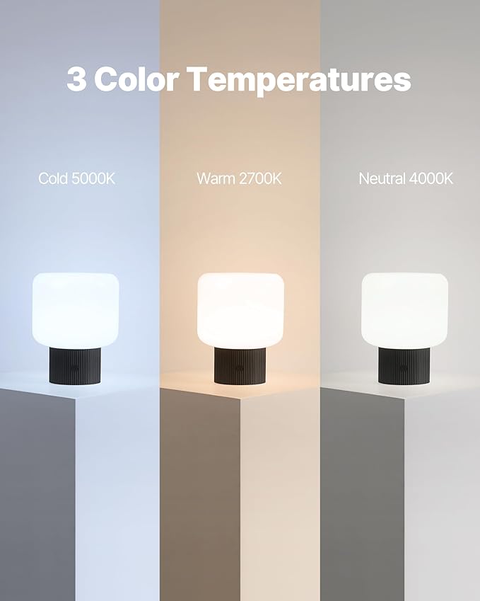 Halo Mushroom Lamp, 5W Cute Cordless Rechargeable Table Lamp with Glass Shade, 3 Color Temps LED Dimmable Ambient Lighting, Small Retro Touch Bedside Light for Bedroom Decor, Black