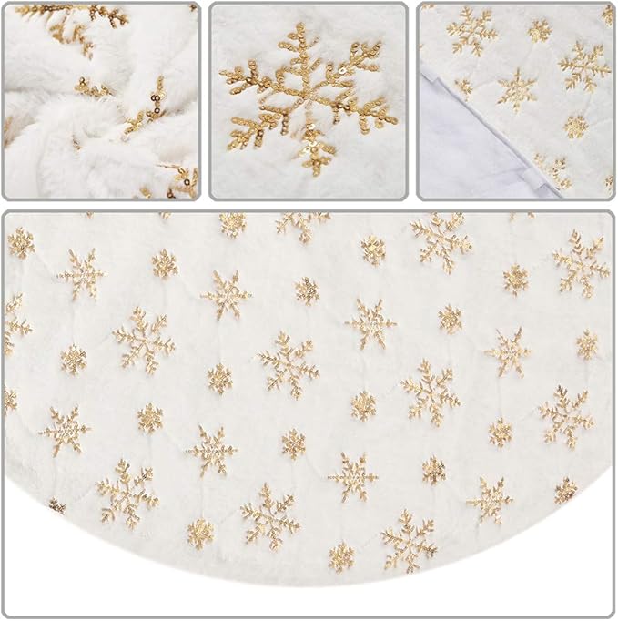 Sattiyrch Christmas Sequin Tree Skirt 36in,White Soft Thick with Golden Snowflakes Decorations for 5FT 6FT 7FT Xmas Tree