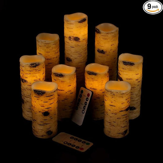 antizer Flameless Candles Birch Bark Effect Battery Operated Candles 4" 5" 6" 7" 8" 9" Set of 9 Real Wax Pillar LED Candles Each Candle 2.2" Diameter with 10-Key Remote Control 2/4/6/8 Hours Timer
