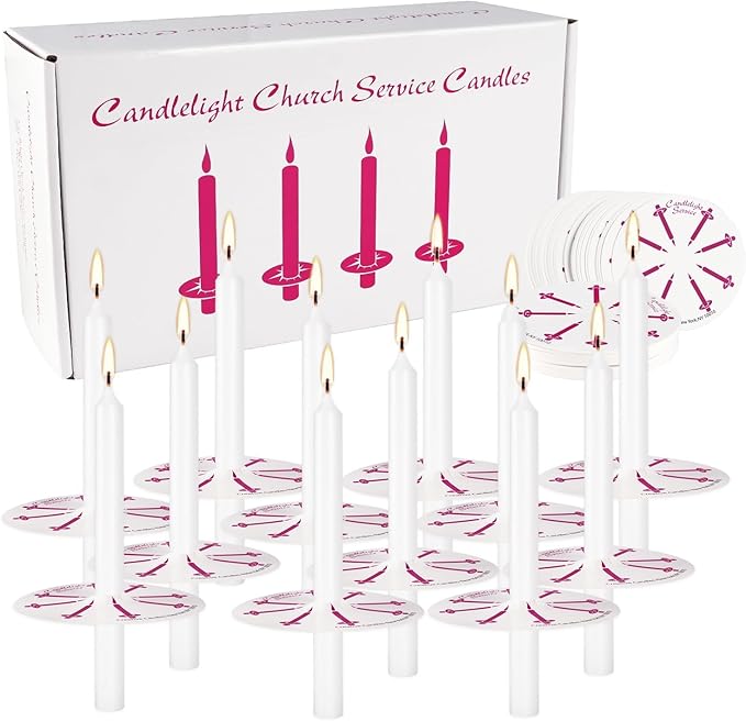 100 Church Candles with Drip Protectors for Devotional Candlelight Vigil Service, Box of 100 Candles, Unscented White 5" H X 1/2" D, No Smoke