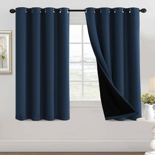 100% Blackout Curtains Thermal Insulated Full Blackout Grommet Curtains for Living Room Energy Efficiency Window Drapes for Bedroom with Black Liners (1 Panel, 52x63 inch, Navy)