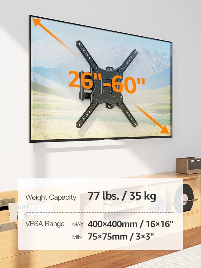 ELIVED Full Motion TV Wall Mount for Most 26-60 Inch TVs, Articulating Arms Swivel and Tilt tv Mount, Wall Mount Brackets Max VESA 400x400, Single Stud Perfect Center Design, Holds Up to 77 lbs.