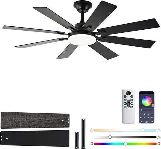 Ceiling Fans with Lights, 52 Inch Ceiling Fan with Light and Remote Control, Reversible DC Motor, 3CCT, Dimmable, Timer, Noiseless, Black Ceiling Fan for Bedroom Living Room, Indoor/Outdoor Use