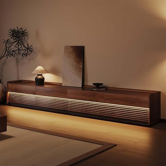 POVISON Fully-Assembled Mid Century TV Stand with Adjustable LED Lights, Wood Media Console with 8 Drawers for 100-inch TVs, Modern Entertainment Center with Storage for Living Room