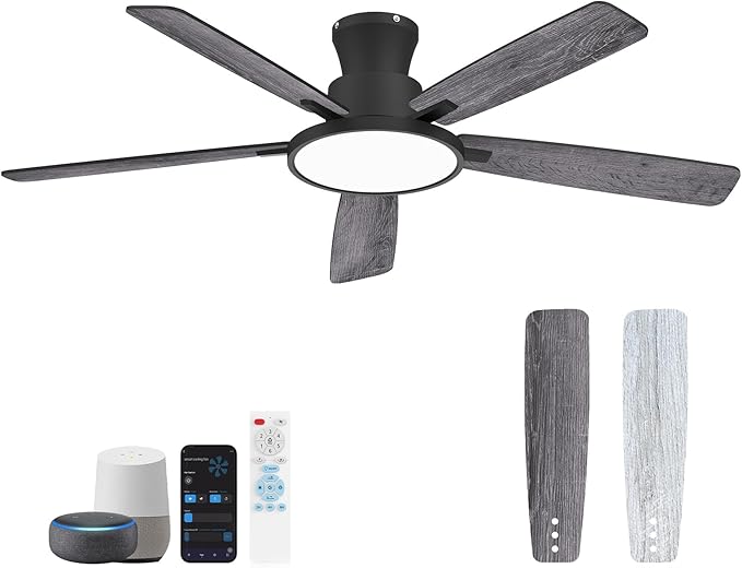 Ceiling Fans With Lights,52 Inch Smart Ceiling Fan, Remote/App Control, Compatible with Alexa/Google Assistant,Reversible,Dimmable,Adjustable Color Temperature,6 Speeds,Timer(Gray)