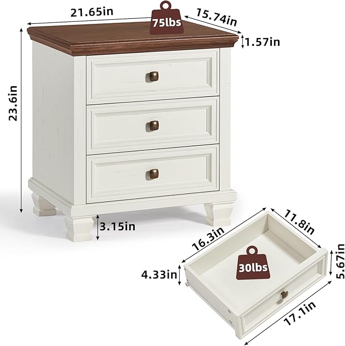 Farmhouse Nightstand with 3 Drawers, Rustic Couch End Table with 4 Square Solid Wood Legs, Mid-Century Modern Bed Side Table with Storage, Small Dresser for Bedroom, Living Room, White