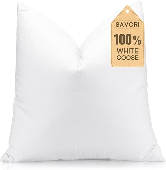 SAVORI Down Feather Throw Pillow Inserts 24x24 Euro Pillow Inserts, Soft Fluffy Throw Pillows with Cotton Cover, Decorative Throw Pillows for Couch Sofa Bed-White