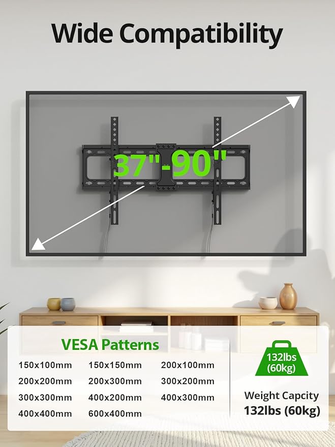 USX MOUNT Tilting TV Wall Mount for Most 37"-90" Flat Curved Screen Television, TV Bracket with Max VESA 600x400mm up to 132lbs, Low Profile Tilt Mount for 16", 24" Stud