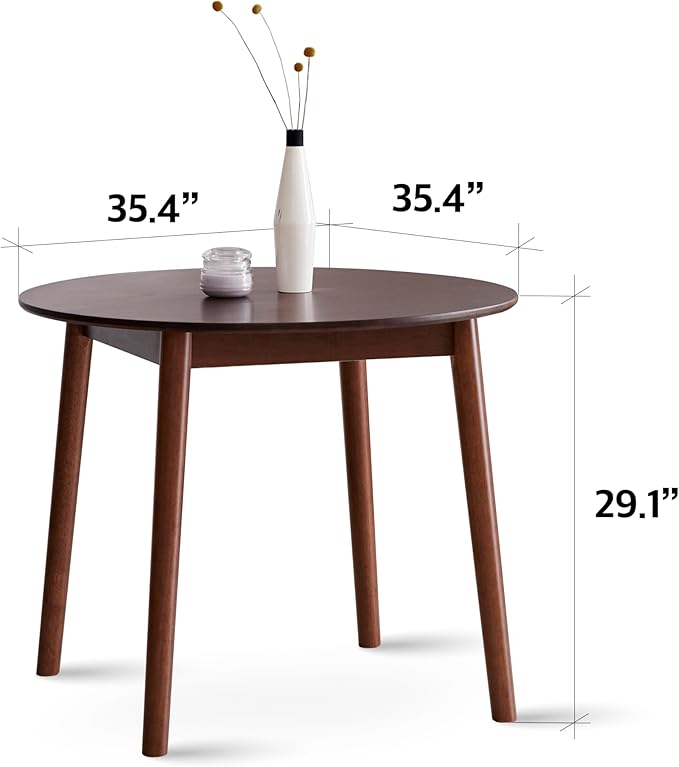 Livinia Aslan 35.4" Round Wooden Dining Table/Mid Century Modern Malaysian Oak Kitchen Table (Walnut)