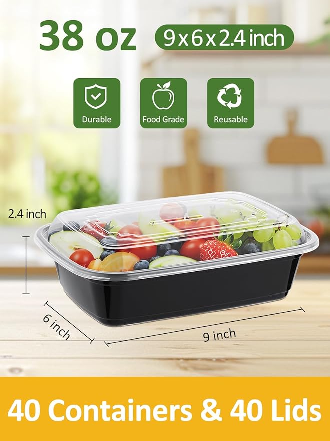 40 Sets 38oz Meal Prep Container - Reusable Plastic Food Storage Containers with Lids, Fits Microwave, Freezer and Dishwasher Safe