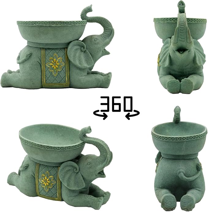 Elephant Decor Resin Sculpture with Tray – Antique Style Animal Figurine for Home, Office, Bookshelf, TV Stand – Unique Gift for Women, Moms, Friends(Green Elephant Tray)