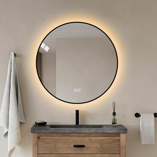 Round LED Bathroom Mirror with Gold Frame, 24V Backlight, 3 Color Temperatures, Dimmable, Memory Function, Defogging (Black Border, 28" L x 28" W)