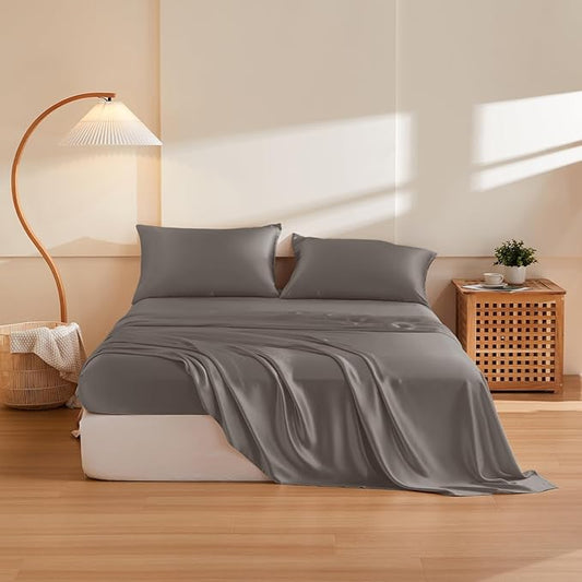 THXSILK Silk Sheet Set 5Pcs, 6A+ Top Grade 100% Pure Mulberry Silk Bed Sheets, Ultra Soft Durable Luxury Bedding Sets, 2 Fitted Sheet, 1 Flat Sheet and 2 Pillowcases (Split King, Charcoal)