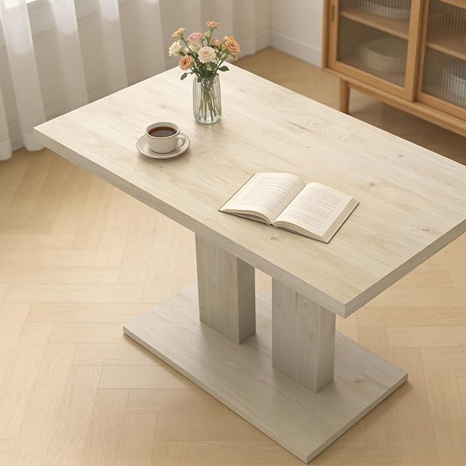 46" Dining Table for 4, Modern Rectangular Dining Room Table with Sturdy Pedestal Base, Thickened Tabletop, MDF Natural Wood Finish Kitchen Table for Breakfast Nook, Home & Apartment