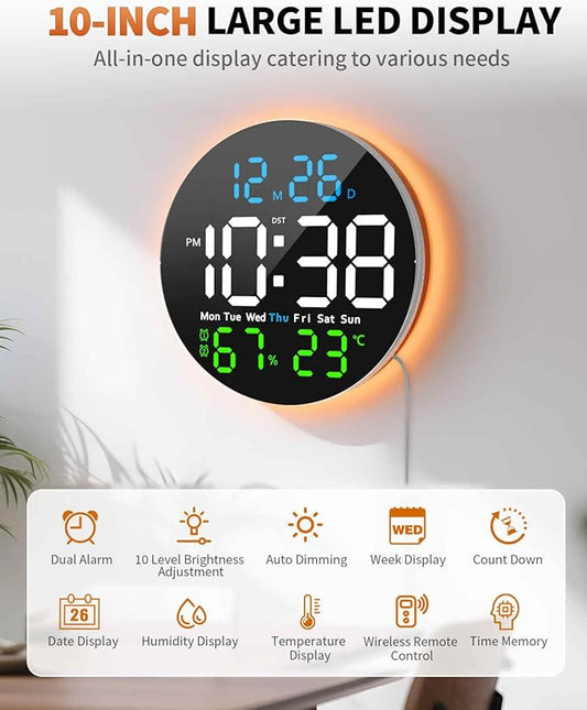 10 Inch Large Digital Wall Clock with 9 Color Changing Remote Control, Date Week Temperature, Auto Brightness Dimmer Clock Night Lights,Blue+Green