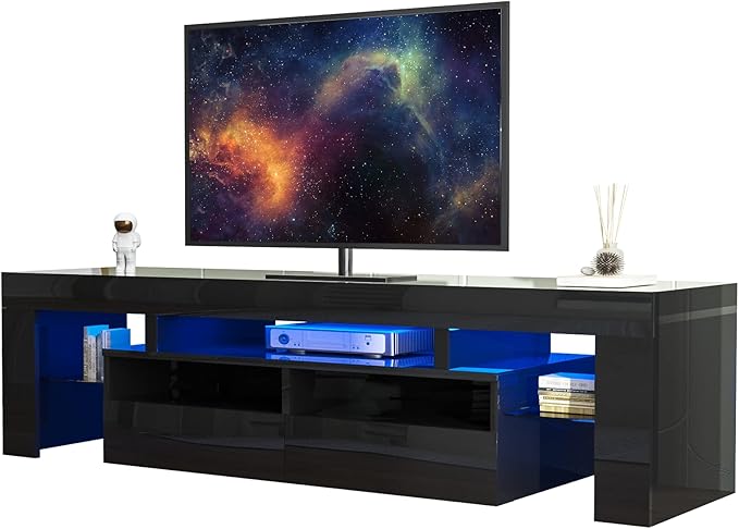 St.Mandyu LED TV Stand for 60/65/70 inch TV, High Glossy Modern Entertainment Center with Drawer and Led Lights, Television Table Center Media Console for Living Game Room Bedroom, Black
