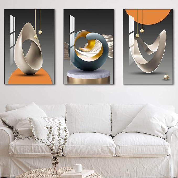 MPLONG Bright Style Framed Wall Art - Abstract Modern Shape Pattern in White, Blue, Yellow, Grey - Artfully Matching Living Room, Bedroom, Office Decor - 16"x 24"x 3 Panels