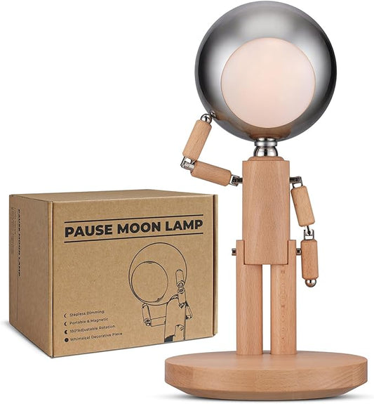 Pause Moon Lamp, Creative Wood LED Desk Lamp, Unique Decorative Lighting for Bedroom, Lamps for Night Stands, Rechargeable Cordless Lamp Office & Gift, Beech Wood