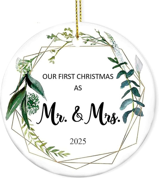 Wedding Gift for Couples 2025, Our First Christmas as Mr and Mrs Ornament, Bridal Shower Bride Gift Ideas for Her, Married Couple, Newlywed - Ceramic, Double-Sided Printing
