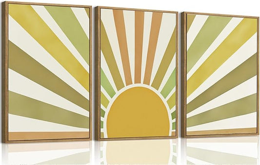 Bwodke Boho Wall Art, Framed Abstract Sunshine Wall Art, Sun Rising Neutral Canvas Wall Decor, Mid Century Geometric Pictures Set of 3, Minimalist Paintings, for Bedroom Living Room Bathroom 12"x16"