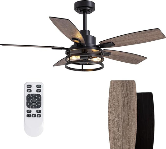 46 Inch Ceiling Fans with Lights and Remote & APP Control, Farmhouse Ceiling Fan with LED Lighting for Bedroom Living Room and Patio, Black Caged Ceiling Fan for Indoor and Outdoor(NO Bulbs