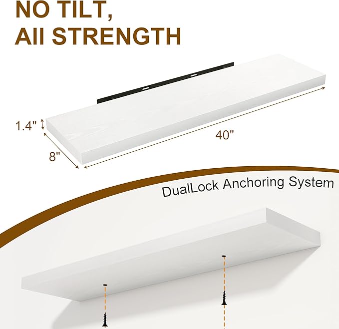 Fun Memories 40 Inch Floating Shelves Set of 2, 8 Inch Deep Wall Shelf, Rustic Wood Storage Shelves for Bedroom, Kitchen, Bathroom, Wall-Mounted Shelf with Invisible Brackets for Books|Storage, White