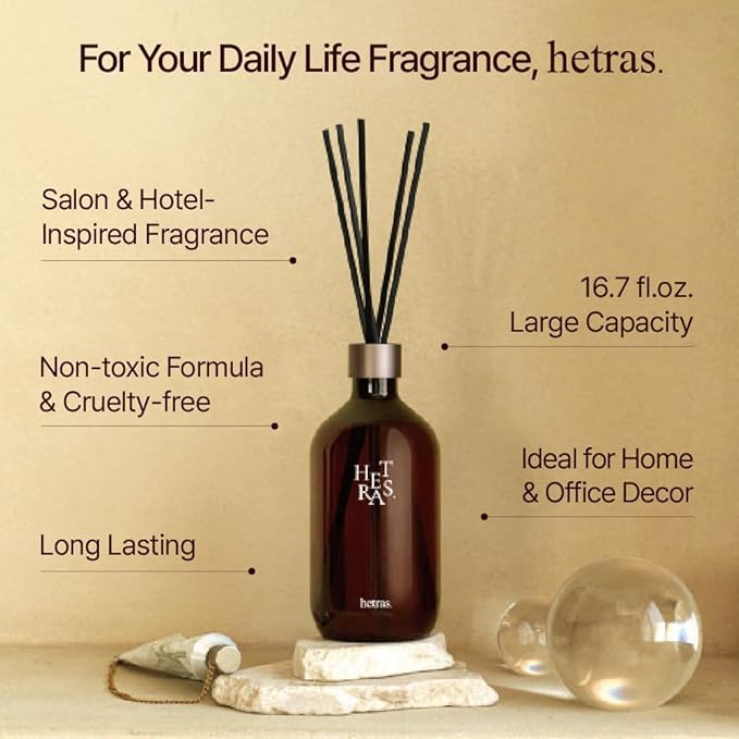 hetras Premium Reed Diffuser Set 16.9 fl.oz. 1 Pack | Grapefruit Scent | Long-Lasting Luxury Fragrance with 10 Reed Sticks for Home & Office | Gifts for Loved One