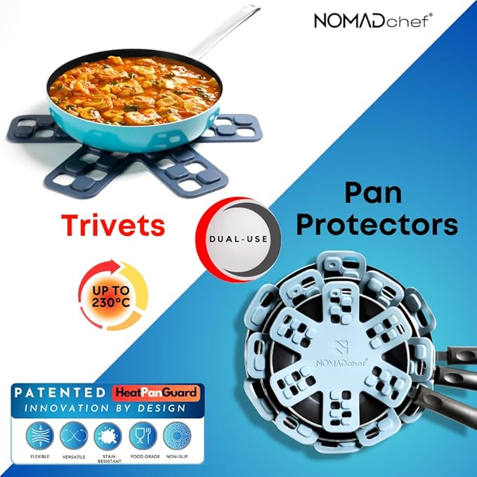 Dual-Use Silicone Pan Protectors for Stacking & Trivets for Hot Dishes | Silicone Trivet Mat | Perfect for Pot and Pan Protectors | 2-Pack Medium (12.5in) Cookware Protectors (M2-BLU/BLU)