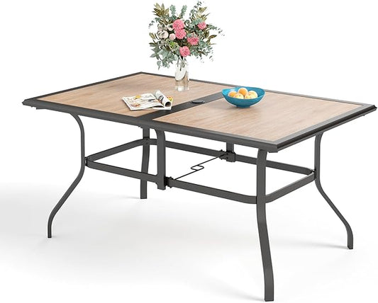 Sophia & William Outdoor Table, Rectangular Patio Table for 6, Large Patio Dining Table with Faux Wood Tabletop and Metal Steel Frame, Outdoor Dining Table with 1.6"-2" Adjustable Umbrella Hole