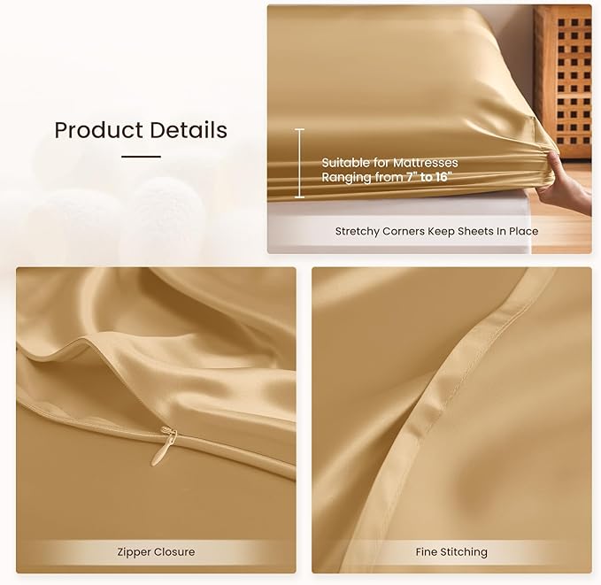 THXSILK Silk Sheet Set 4Pcs, 6A+ Top Grade 100% Pure Mulberry Silk Bed Sheets Ultra Soft Durable Luxury Bedding Sets, 1 Fitted Sheet, 1 Flat Sheet and 2 Pillowcases (Twin, Metallic Gold)