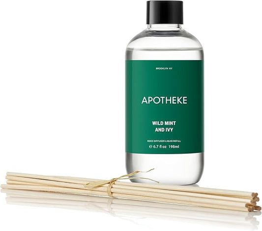 Apotheke Luxury Scented Oil Reed Diffuser Liquid Refill (Wild Mint & Ivy) - Premium Home Fragrance Diffuser Refill Set with Sticks