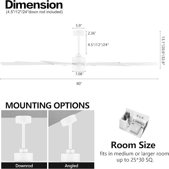 ELEHINSER 80 Inch Ceiling Fan with Lights and 3 Downrods, 8 Plywood Blades, 6-Speed Noiseless Reversible DC Motor, 3CCT, Windmill Ceiling fan for Kitchen Bedroom Living Room, Gloss White