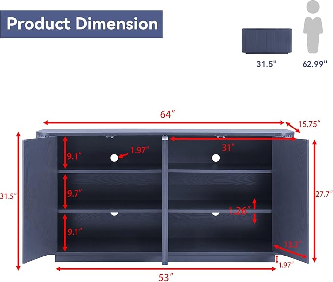 64" Sideboard Buffet Cabinet with Storage, Modern Fluted Accent Credenza with Adjustable Shelves, Wood Coffee Bar Console Table for Living Room Kitchen Dining Room Hallway, 31.5" H, Blue