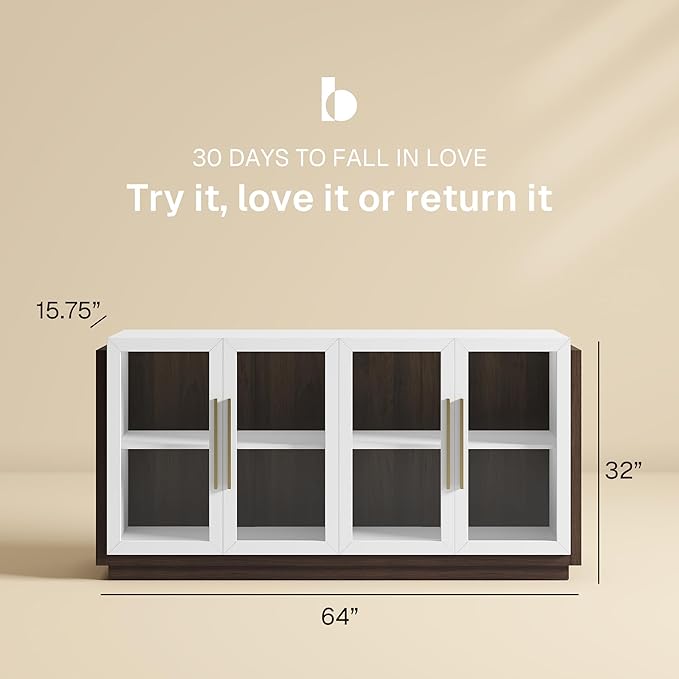 BELLEZE Sideboard Buffet Cabinet, Modern Wood Glass-Buffet-Sideboard with Storage, Console Table for Kitchen, Dining Room, Living Room, Hallway, or Entrance - Brixston (White)